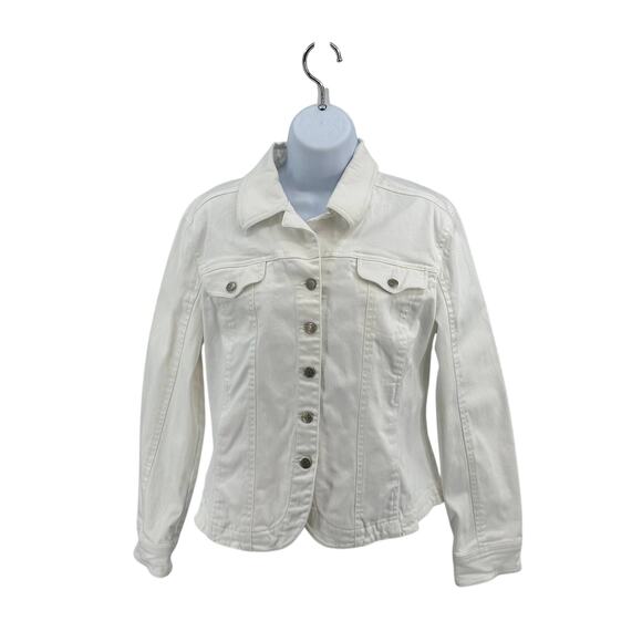 Live a Little Denim Button Down Jacket WMN L White #25352 Long Sleeve Jean Shirt - Picture 1 of 7